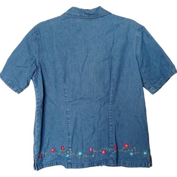 Denim & Co Blue Denim Zip-Up Top Shirt Blue Shacket Jacket Floral Embroidery - Picture 2 of 6